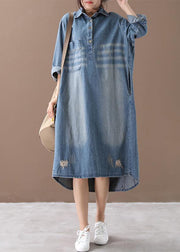 Women lapel Hole spring outfit Shape denim blue Dresses - bagstylebliss