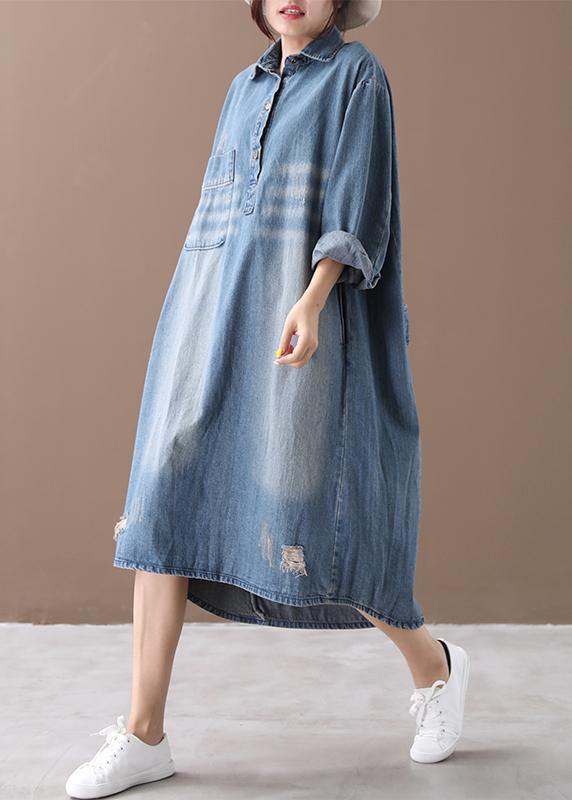 Women lapel Hole spring outfit Shape denim blue Dresses - bagstylebliss