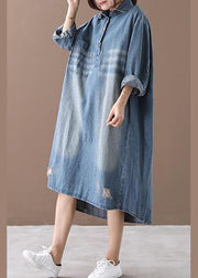 Women lapel Hole spring outfit Shape denim blue Dresses - bagstylebliss