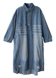 Women lapel Hole spring outfit Shape denim blue Dresses - bagstylebliss