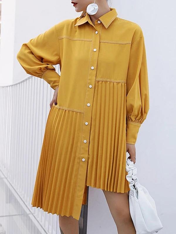 Women lapel asymmetric Cotton clothes Outfits yellow Dresses - bagstylebliss