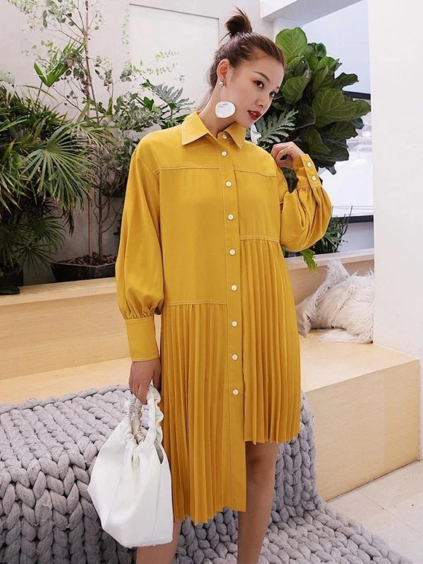 Women lapel asymmetric Cotton clothes Outfits yellow Dresses - bagstylebliss