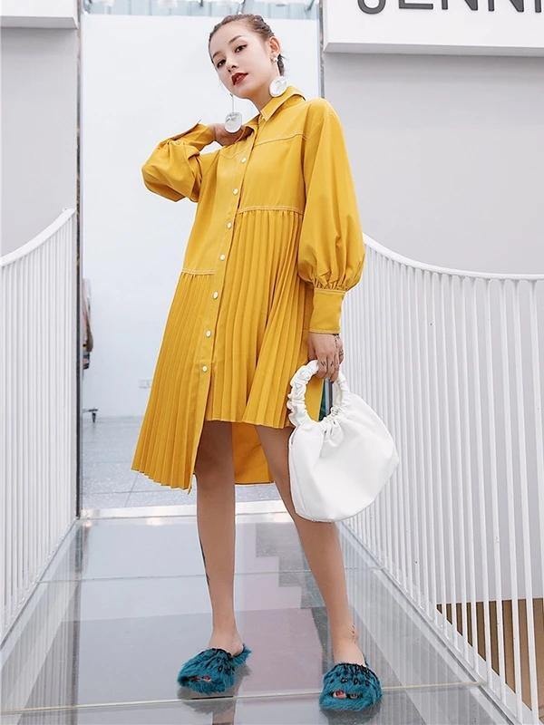 Women lapel asymmetric Cotton clothes Outfits yellow Dresses - bagstylebliss