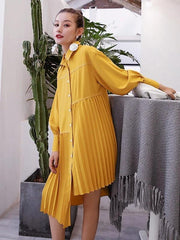 Women lapel asymmetric Cotton clothes Outfits yellow Dresses - bagstylebliss