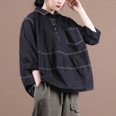 Women lapel baggy blouses for pattern black top - bagstylebliss
