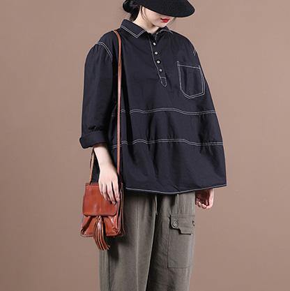 Women lapel baggy blouses for pattern black top - bagstylebliss