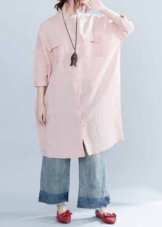 Women lapel collar linen clothes For Women Inspiration pink Dresses summer - bagstylebliss