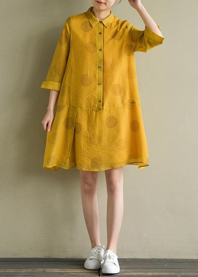 Women lapel half sleeve linen Robes Outfits yellow dotted Dress summer - bagstylebliss