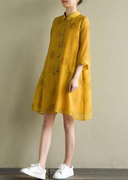 Women lapel half sleeve linen Robes Outfits yellow dotted Dress summer - bagstylebliss