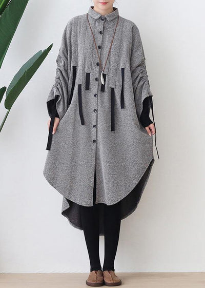 Women lapel low high design cotton tunic top Work gray Robe Dresses - bagstylebliss