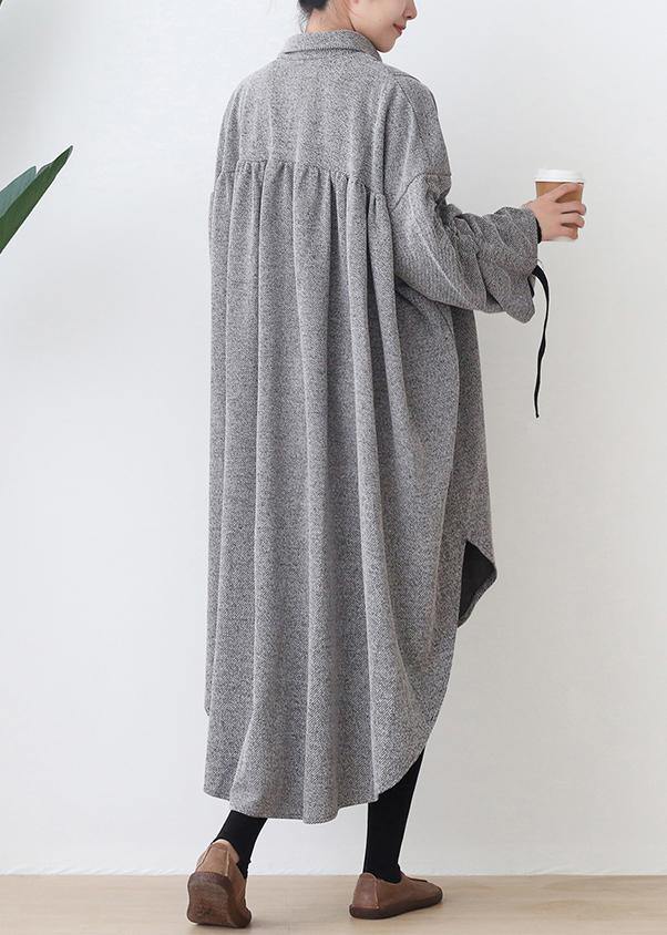 Women lapel low high design cotton tunic top Work gray Robe Dresses - bagstylebliss