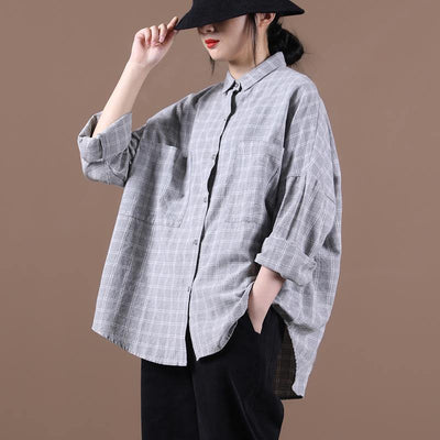 Women lapel pockets clothes Inspiration light gray plaid shirts - bagstylebliss