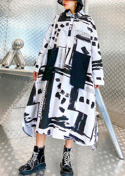 Women lapel pockets fall Tunics pattern black white print long Dresses - bagstylebliss