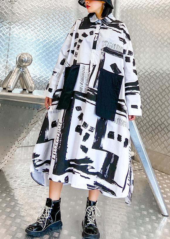 Women lapel pockets fall Tunics pattern black white print long Dresses - bagstylebliss