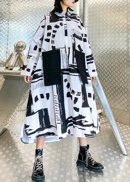 Women lapel pockets fall Tunics pattern black white print long Dresses - bagstylebliss