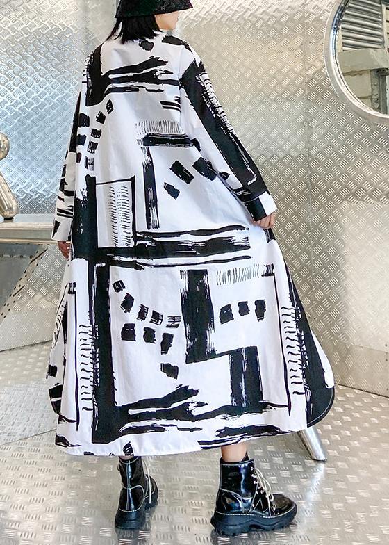 Women lapel pockets fall Tunics pattern black white print long Dresses - bagstylebliss
