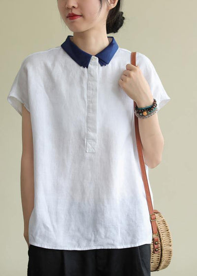 Women lapel side open linen clothes Cotton white shirt - bagstylebliss