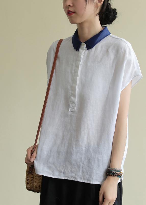 Women lapel side open linen clothes Cotton white shirt - bagstylebliss