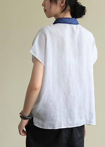 Women lapel side open linen clothes Cotton white shirt - bagstylebliss