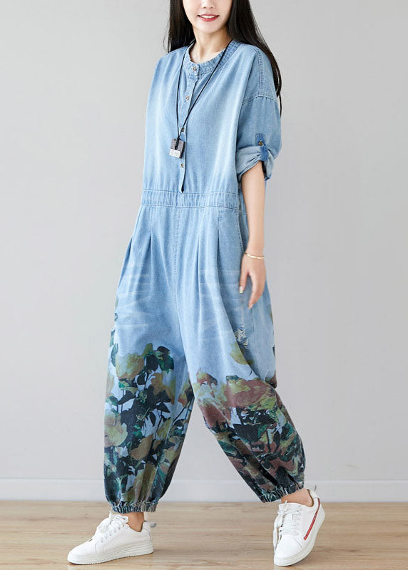 Damen hellblaue Taschen O-Neck Print Denim Jumpsuit Spring