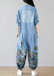 Women light Blue pockets O-Neck Print denim Jumpsuit Spring