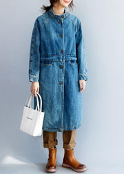 Women light blue Fine tunic coat Tunic Tops stand collar patchwork coat - bagstylebliss