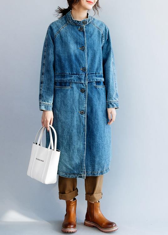 Women light blue Fine tunic coat Tunic Tops stand collar patchwork coat - bagstylebliss