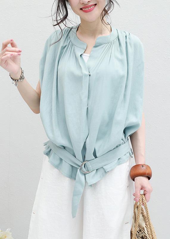 Women light blue linen box top Cinched ruffles box summer blouses - bagstylebliss