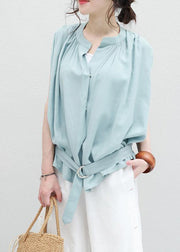 Women light blue linen box top Cinched ruffles box summer blouses - bagstylebliss