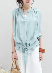 Women light blue linen box top Cinched ruffles box summer blouses - bagstylebliss