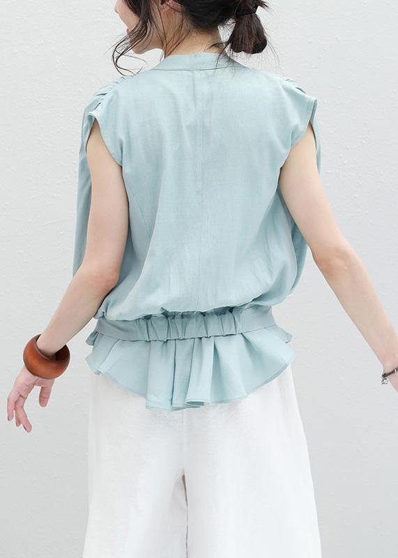 Women light blue linen box top Cinched ruffles box summer blouses - bagstylebliss