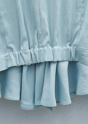 Women light blue linen box top Cinched ruffles box summer blouses - bagstylebliss