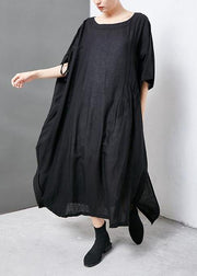 Women linen clothes For Women 2019 Solid Casual Short Sleeve Round Neck Dress - bagstylebliss