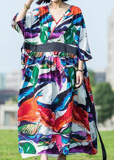 Women multicolor cotton dress v neck tie waist long summer Dresses - bagstylebliss