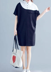 Women navy Cotton dresses o neck patchwork Midi summer Dress - bagstylebliss