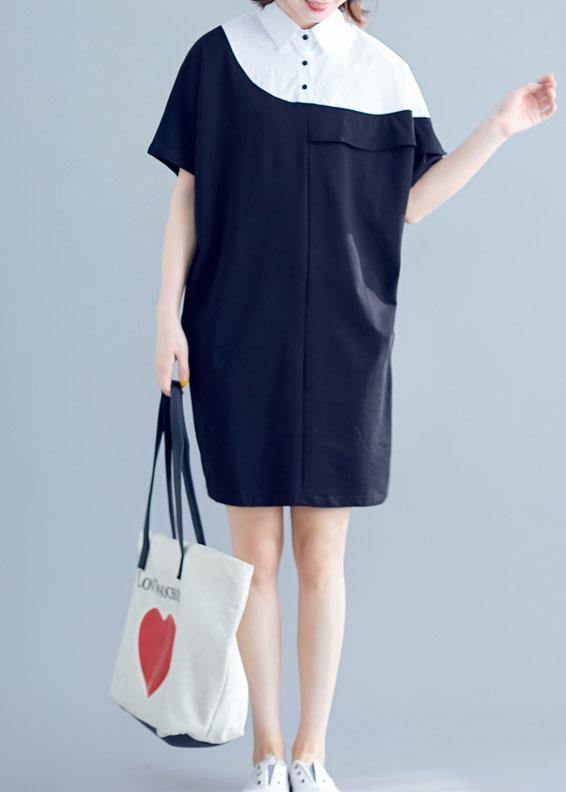 Women navy Cotton dresses o neck patchwork Midi summer Dress - bagstylebliss