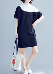 Women navy Cotton dresses o neck patchwork Midi summer Dress - bagstylebliss