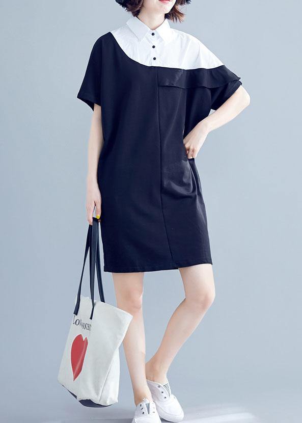 Women navy Cotton dresses o neck patchwork Midi summer Dress - bagstylebliss