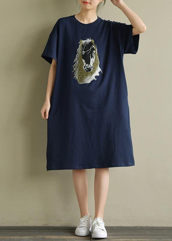 Women navy Cotton outfit o neck embroidery oversized summer Dress - bagstylebliss