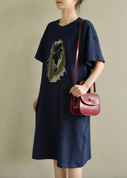 Women navy Cotton outfit o neck embroidery oversized summer Dress - bagstylebliss