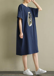 Women navy Cotton outfit o neck embroidery oversized summer Dress - bagstylebliss