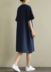 Women navy Cotton outfit o neck embroidery oversized summer Dress - bagstylebliss