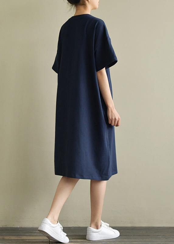 Women navy Cotton outfit o neck embroidery oversized summer Dress - bagstylebliss