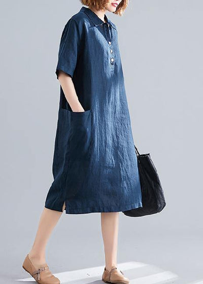 Women navy Cotton quilting clothes lapel pockets Plus Size Dress - bagstylebliss