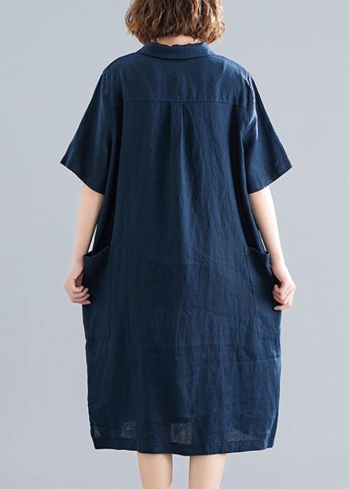 Women navy Cotton quilting clothes lapel pockets Plus Size Dress - bagstylebliss