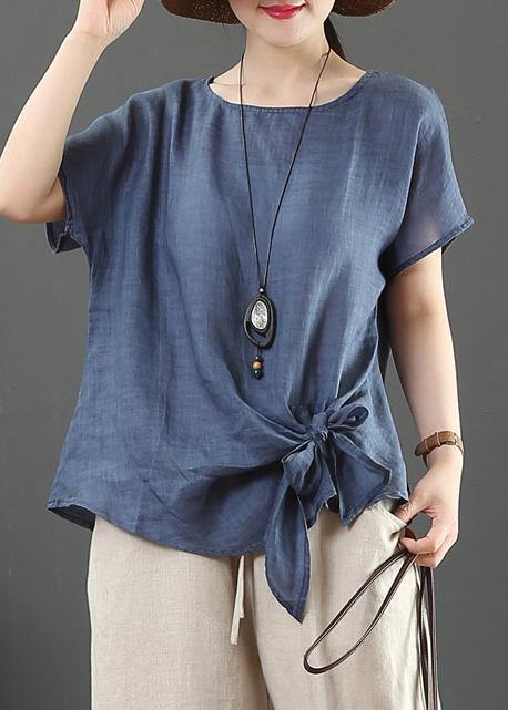 Women navy linen cotton blouses Sewing o neck Bow summer blouses - bagstylebliss