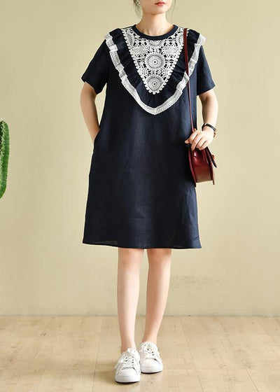 Women navy patchwork lace quilting clothes o neck loose Dress - bagstylebliss