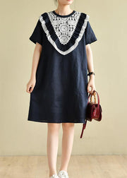 Women navy patchwork lace quilting clothes o neck loose Dress - bagstylebliss