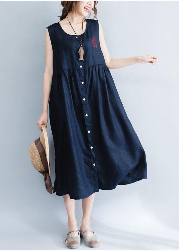 Women navy patchwork linen cotton clothes For Women sleeveless Maxi summer Dress - bagstylebliss