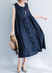 Women navy patchwork linen cotton clothes For Women sleeveless Maxi summer Dress - bagstylebliss